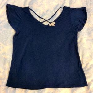 Modcloth navy flutter sleeve crisscross back shirt
